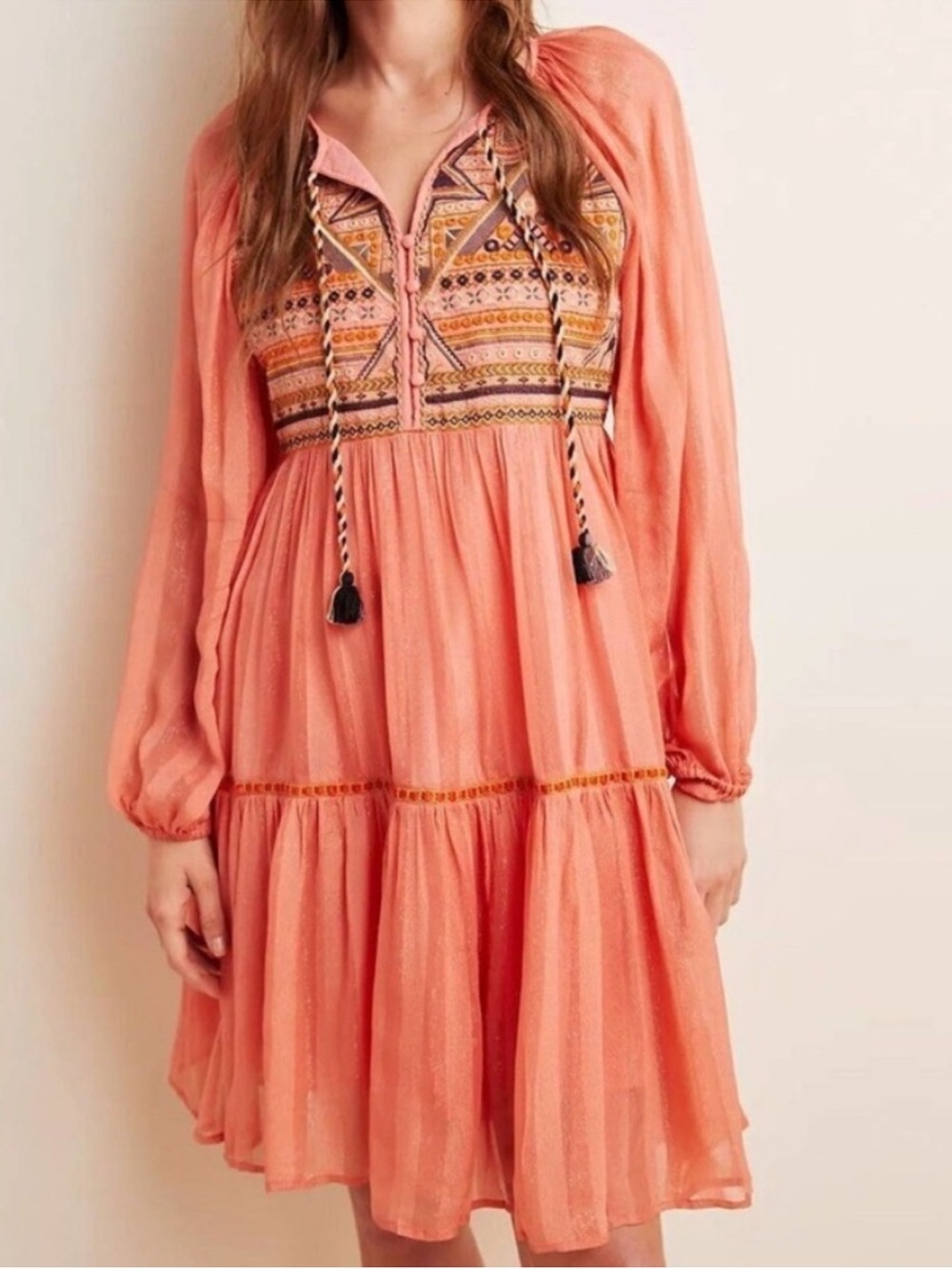EUC Anthropologie Blank London Norah Tiered Embroidered Dress Coral Size
Medium